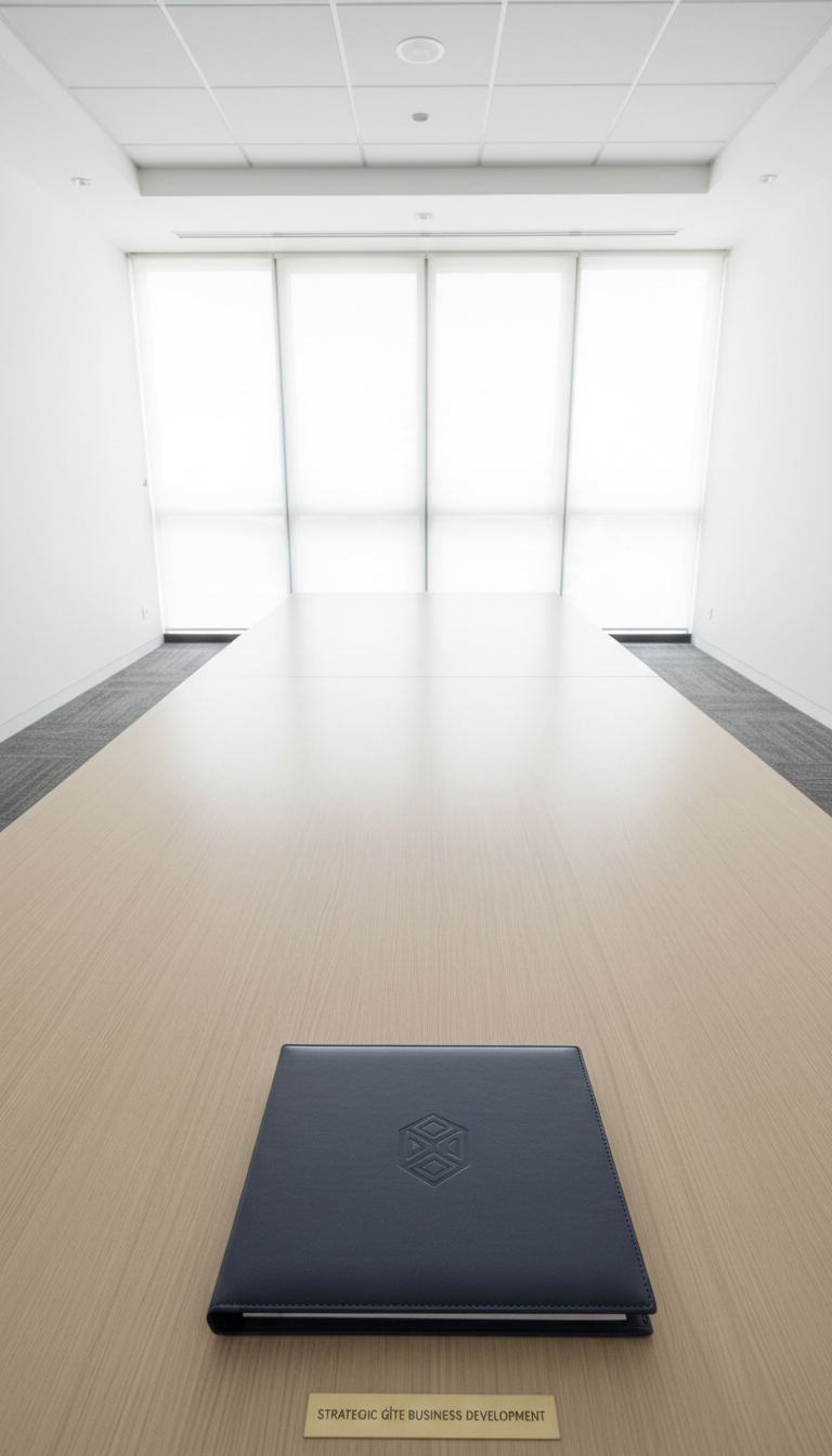 An elegant, modern conference table crafted from pale ash wood, empty except for a single, closed navy-blue portfolio embossed with a discreet geometric logo. The table sits in a spacious meeting room with minimalist white walls and neat gray carpeting. Large, floor-to-ceiling windows admit soft overcast daylight, producing even illumination that adds to the serene and composed corporate mood. Captured from a slightly elevated, wide-angle perspective, the image is evenly balanced with ample negative space, underscoring structured decision-making and strategic discussion relevant to gîte business accompaniment.