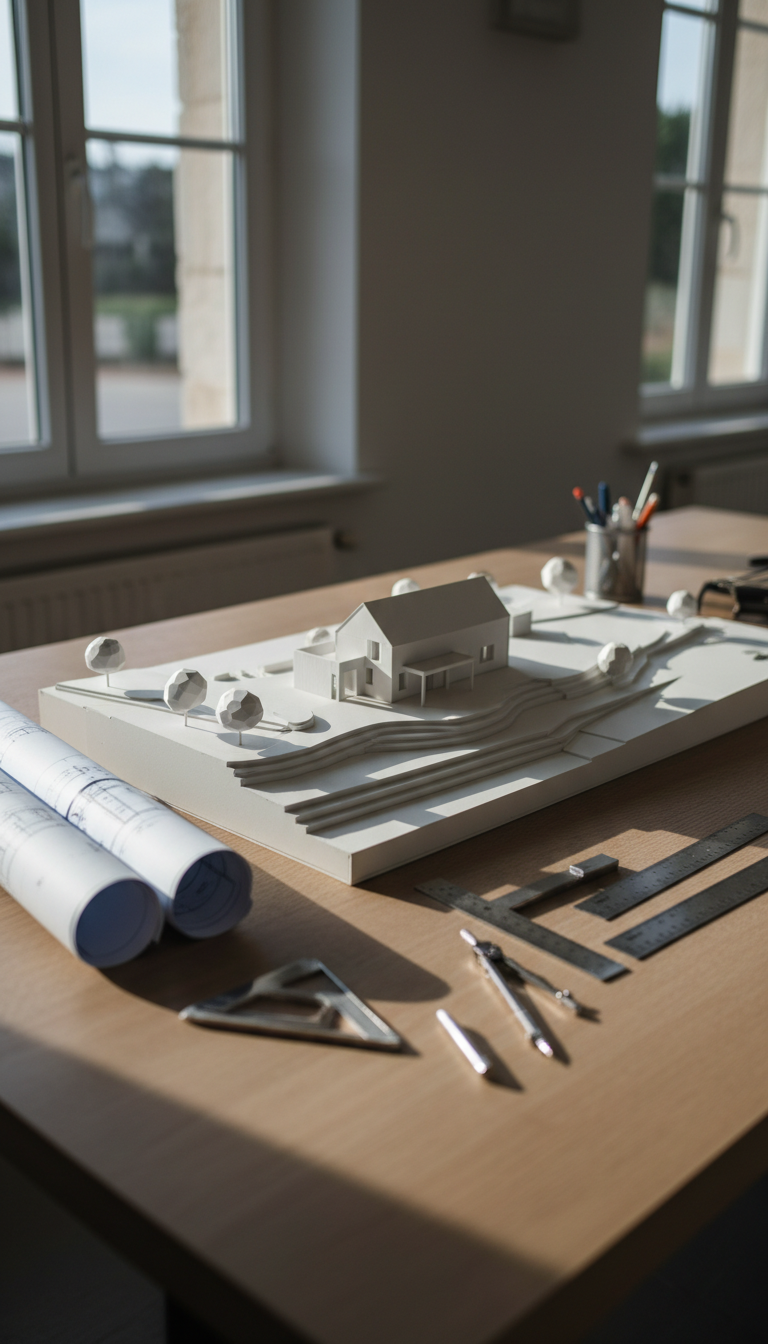 A refined, minimalist architectural model of a rural gîte, rendered in white matte material with precisely defined lines and simple geometric landscaping elements. The model is prominently placed on a wide, uncluttered workspace of warm, neutral wood, flanked by tidy rolls of blueprints and metal drafting tools. Natural afternoon light from an adjacent window gently illuminates the surfaces, creating subtle contrast and highlighting textures without overpowering the scene. Photographed at a low, three-quarters angle with shallow depth of field, the clean composition conveys methodical planning, architectural vision, and a professional aesthetic tailored to gîte development guidance.