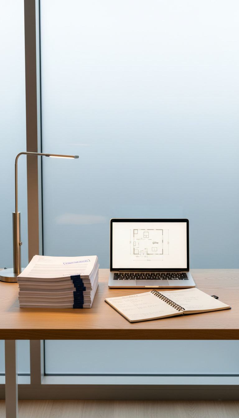 A meticulously organized workspace featuring a stack of crisp, white legal documents neatly aligned beside a sleek, silver laptop with a minimalist design. This arrangement rests atop a smooth, oak desk with clean edges, accented by a neutral-toned planner and a softly glowing desk lamp. Gentle, diffused daylight filters in through a frosted glass window in the background, casting subtle, balanced shadows. The overall effect is calm, professional, and structured, with a centered composition and sharp focus throughout. The photographic realism and clean lines emphasize corporate efficiency and strategic planning, supporting the site’s professional business guidance for gîte creation.