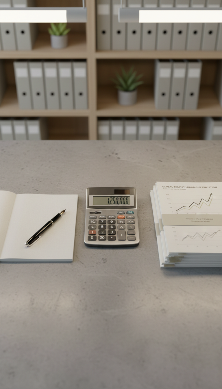 A professional financial workspace displaying a carefully arranged neutral-toned calculator, an open linen-texture notepad with clean white pages, and neatly bounded printed charts illustrating upward trends. These items rest on a subtle stone-gray countertop near a faintly blurred background of organized binders and understated shelving. Cool, indirect ambient lighting from overhead panel lights creates a soft reflection on the calculator’s surface and eliminates harsh shadows. Shot from a top-down, bird’s eye view, the composition is orderly and modern, reflecting financial clarity and analytical rigor for optimizing tourist lodging activities.